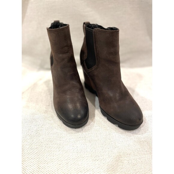 Sorel Joan Uptown Wedge Boots Women's 8 Brown Leather Lug Chelsea Ankle Booties - Picture 3 of 6